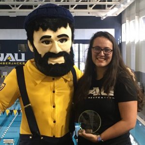 photo of Louie Lumberjack standing beside Caitlyn Ratliff the 2017-2018 SEOYA winner.