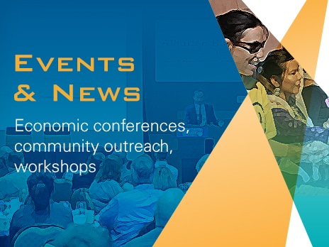 Graphical representation of events with a conference room shot in the background and people interacting at an outdoor event in the foreground